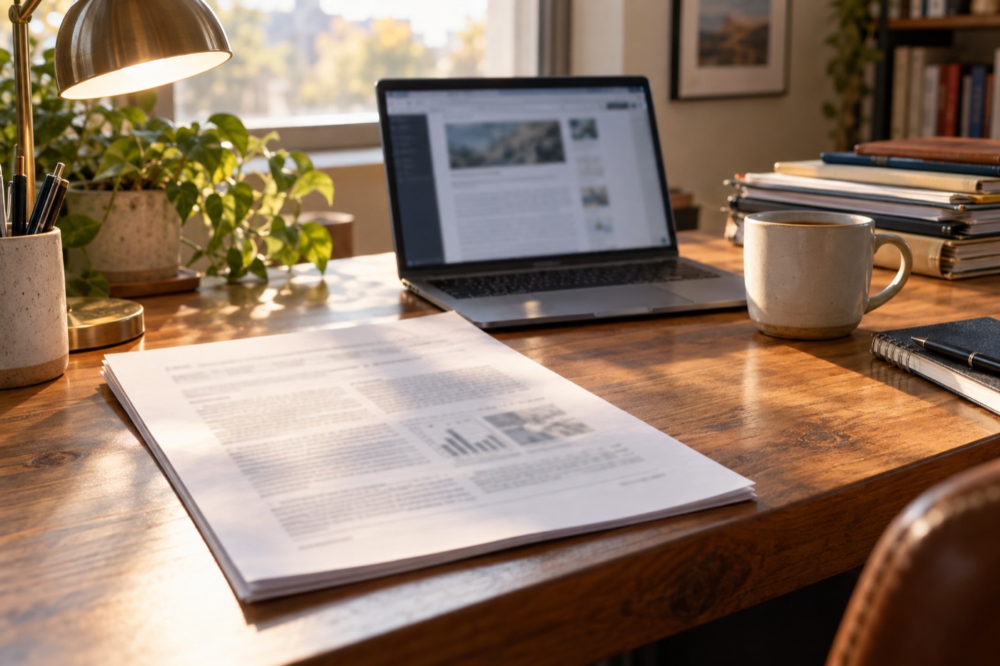 Research paper, laptop and reading lamp on an office desk