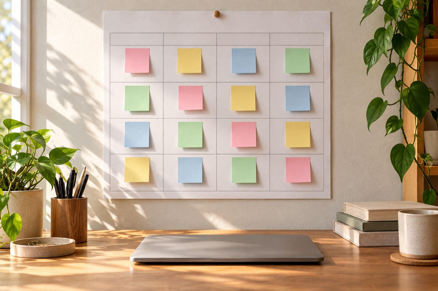 Wall calendar with sticky notes over four weeks above an office desk