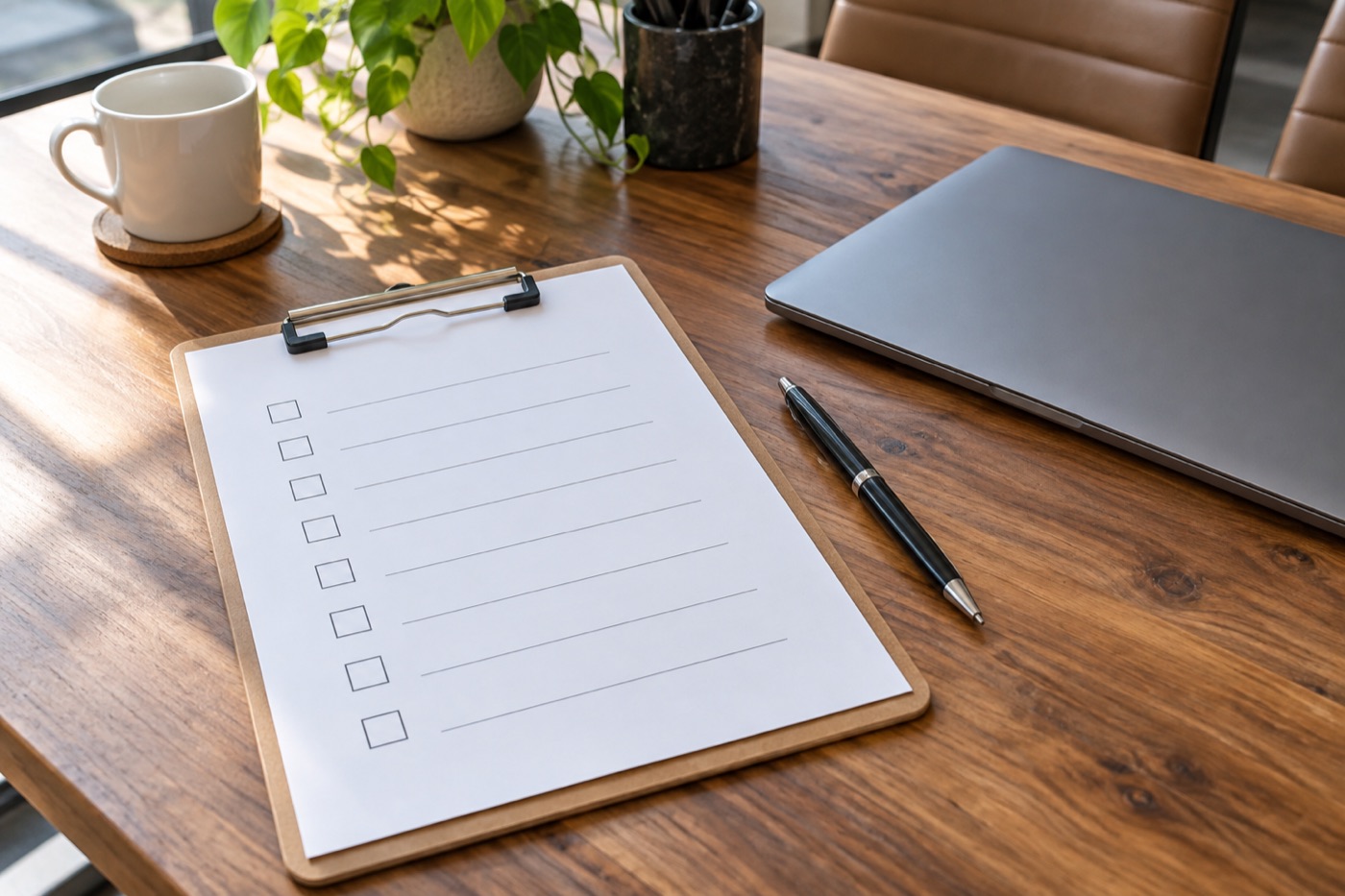 Clipboard with a checklist and pen on a conference table beside a laptop