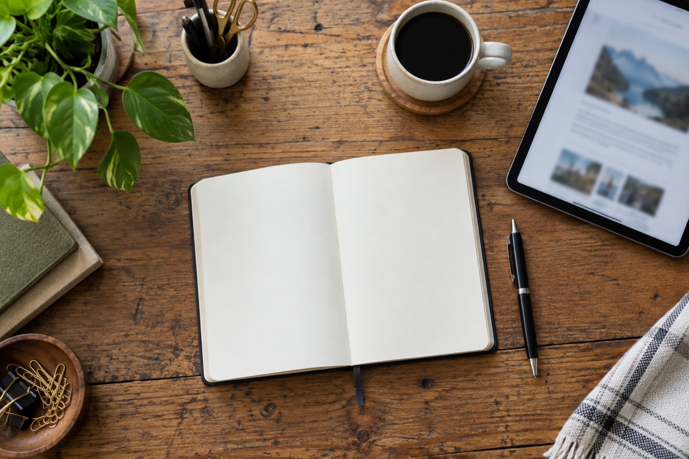Overhead view of a desk with a notebook, pen and tablet